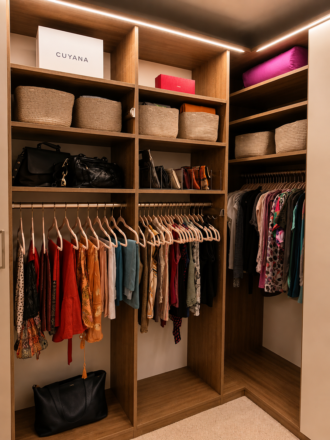 Close view of the master closet corner with woven baskets and storage boxes above, black handbags and clutches on a shelf, and colorful tops hung on peach hangers under a warm LED strip